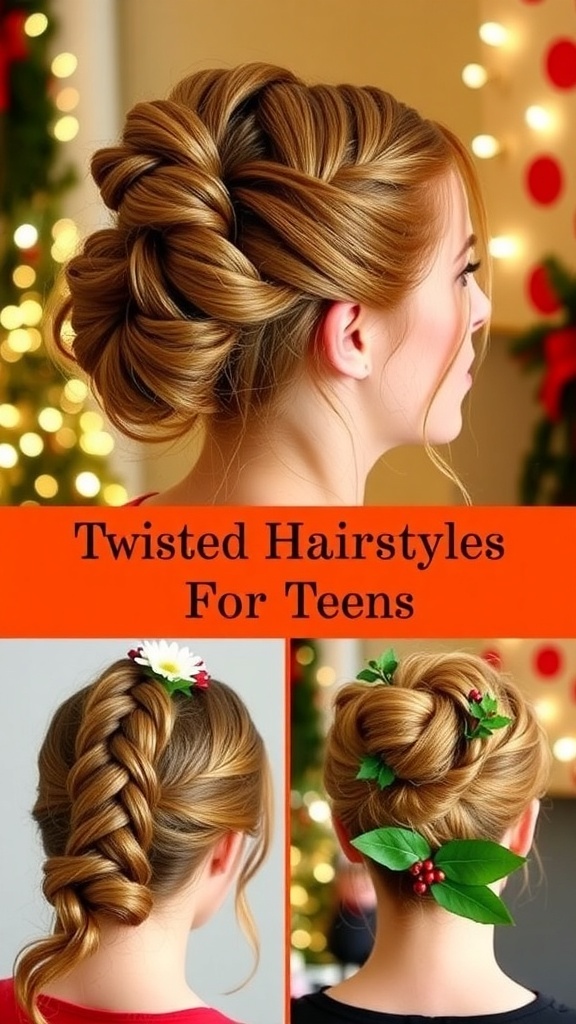 Three Christmas hairstyles for teens: a half-updo, braided crown, and messy bun with holly.